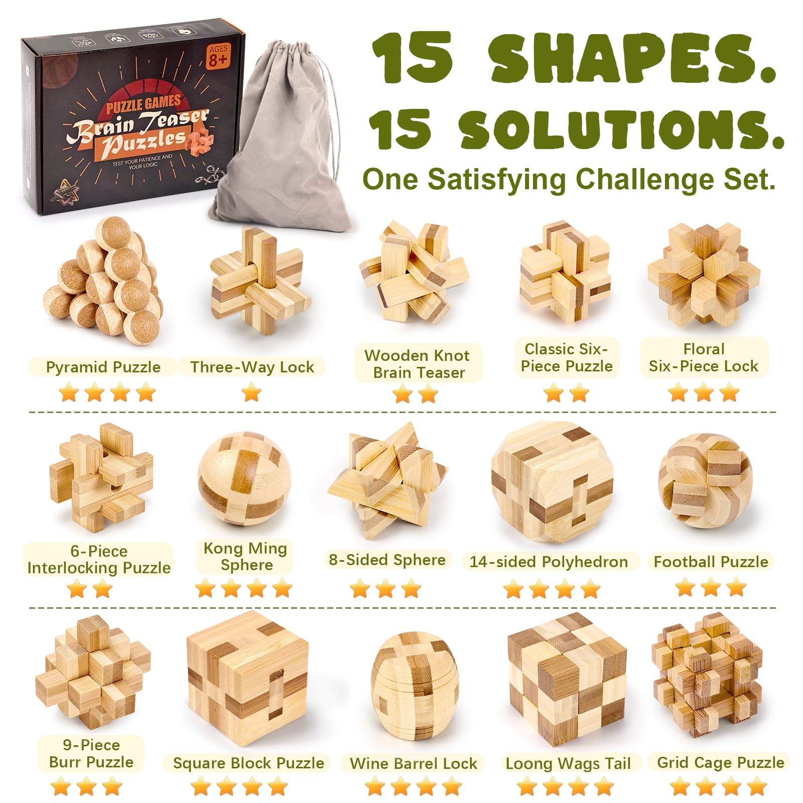 Amazon.com: VolksRose 15pcs Wooden Brain Teaser Puzzles, IQ